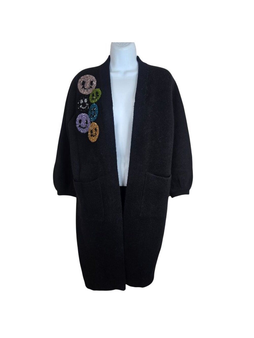 Beaded Smile Black Open Front Cardigan Coat Pockets Womens M Angora Soft